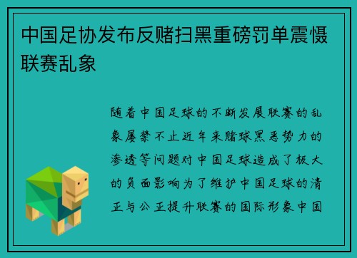 中国足协发布反赌扫黑重磅罚单震慑联赛乱象