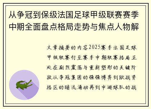 从争冠到保级法国足球甲级联赛赛季中期全面盘点格局走势与焦点人物解析