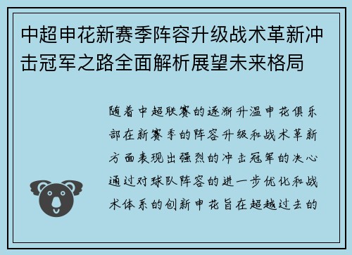 中超申花新赛季阵容升级战术革新冲击冠军之路全面解析展望未来格局