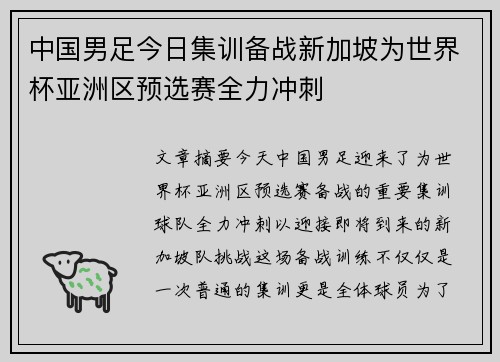 中国男足今日集训备战新加坡为世界杯亚洲区预选赛全力冲刺